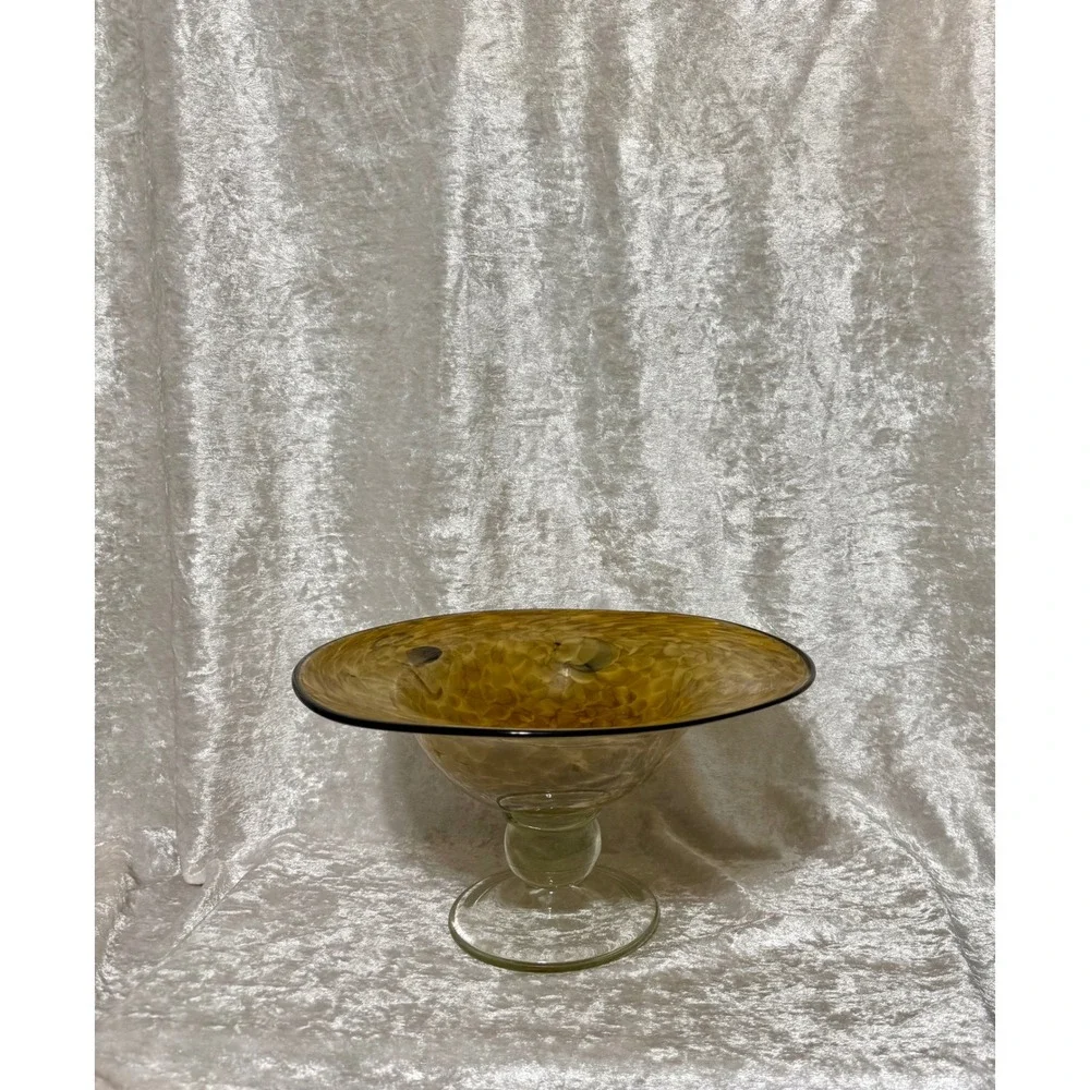 Amber Swirl Bowl Cleat Pedestal Dark Rim Glass Decorative Trinket Dish 6